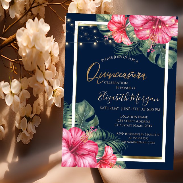 Convites Hibiscus, Luzes, Madeira, Quadro Quinceanera (Criador carregado)