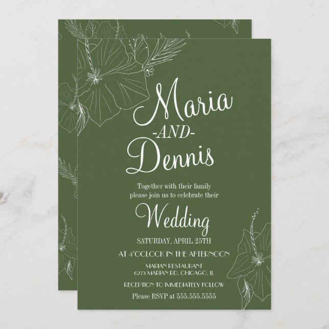 Convites Hibiscus SimplesLinha Tropical Verde (Frente/Verso)