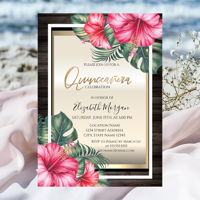 Convites Hibiscus Tropical Wood Quinceanera (Criador carregado)