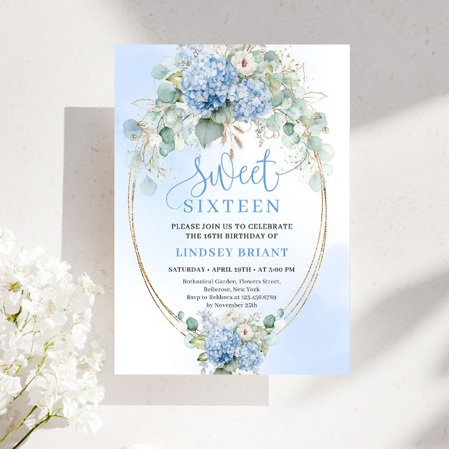 Convites Hidrangea Azul Chic Eucalipto Dourado Aniversário  (Chic Blue Hydrangea Eucalyptus Gold 16th Birthday Invitation)