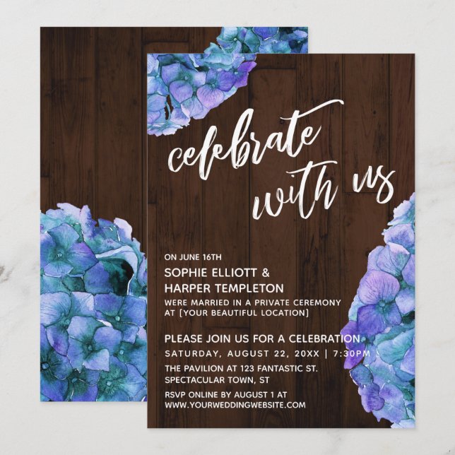 Convites Hidrangea Azul de Madeira Rústica Celebre Conosco (Frente/Verso)