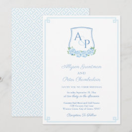 Convites Hídrangea Monograma Casamento de Crest Azul Elegan