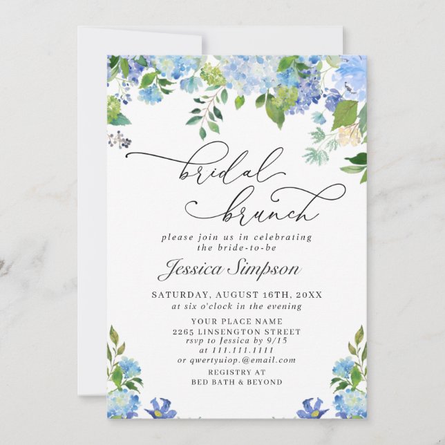 Convites Hídrangea Watercolor Bridal Brunch Azul Elegante (Frente)