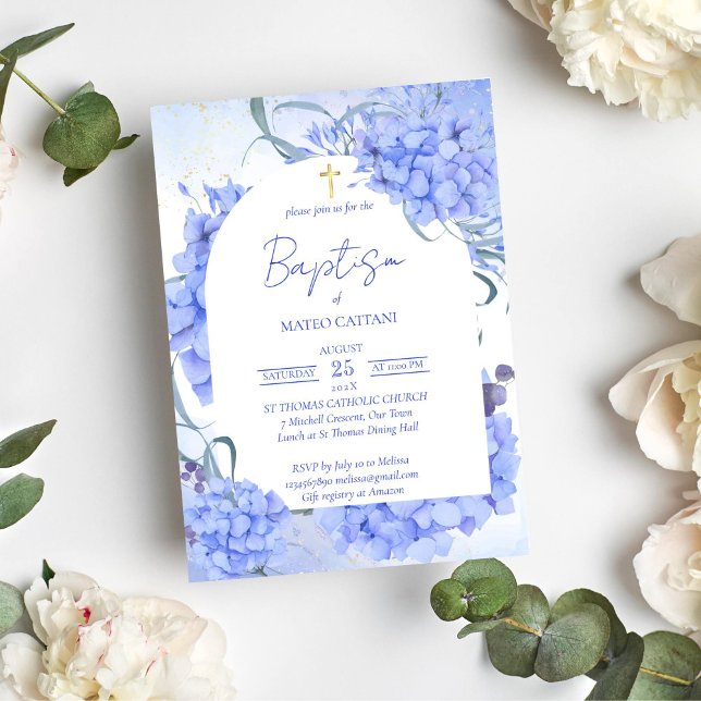 Convites Hídrangeas azuis elegantes batismo floral (Baptism christening blue hydrangeas invitation template)