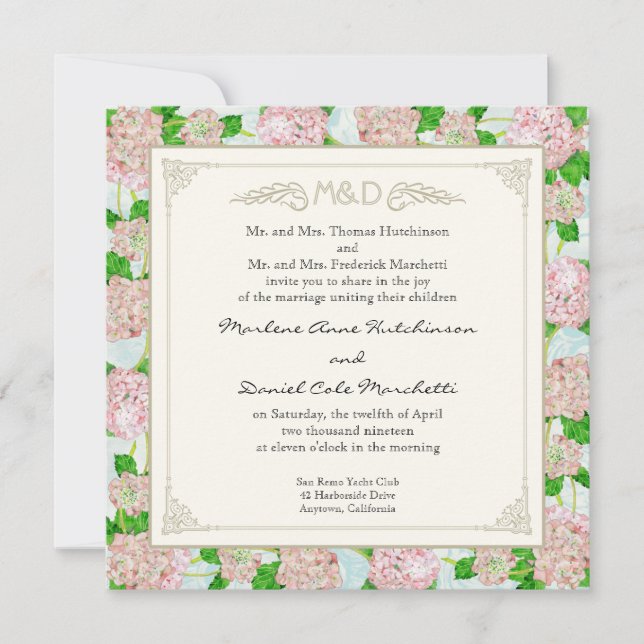 Convites Hidrangeia Rosa - Renda Floral Formal Elegante Cas (Frente)