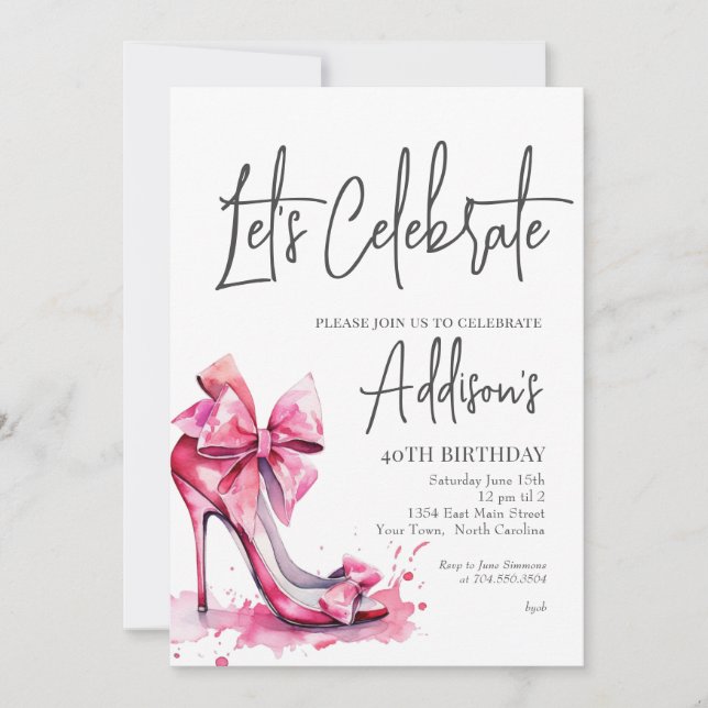 Convites High Heels Pink bow 40th Birthday Party Invitation (Frente)