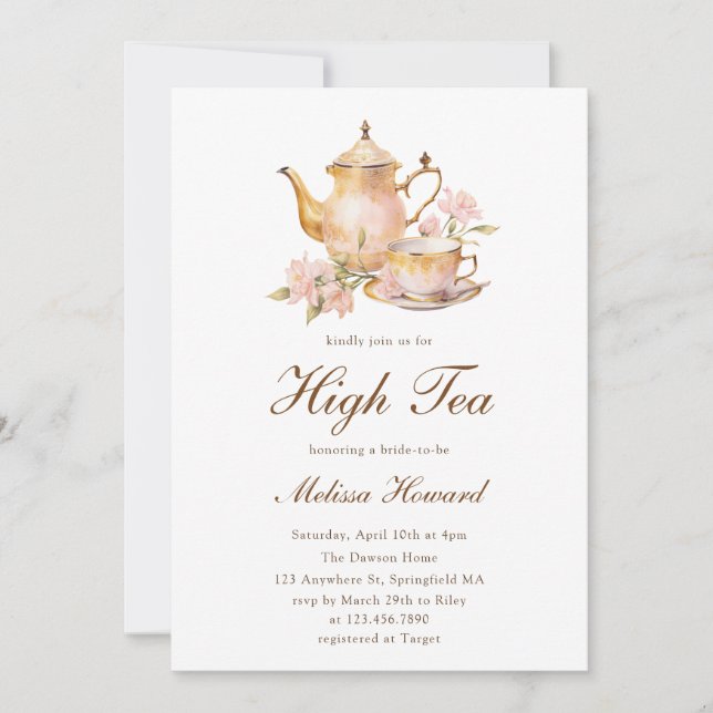 Convites High Tea Pastel Gold Bridal Shower (Frente)