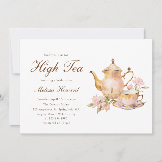 Convites High Tea Pastel Gold Bridal Shower (Frente)