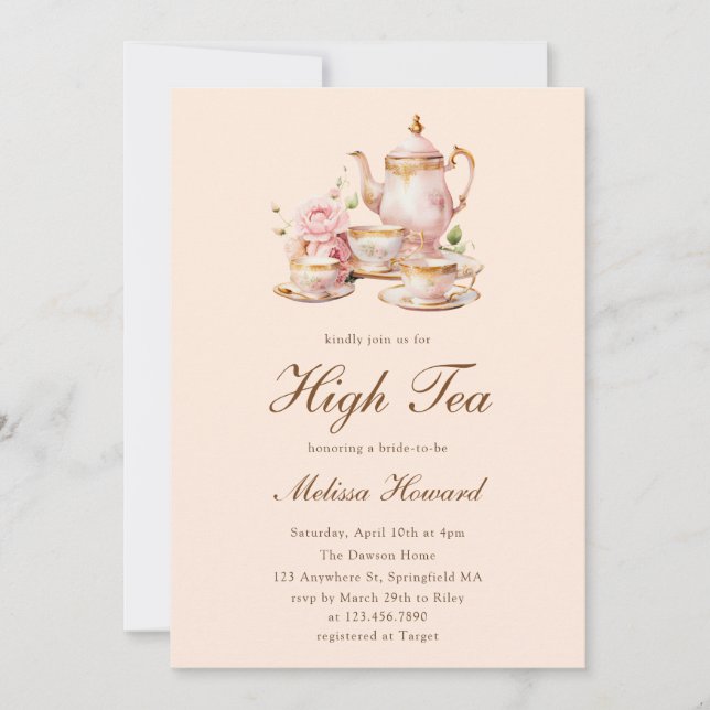 Convites High Tea Pastel Orange Gold Bridal Shower (Frente)