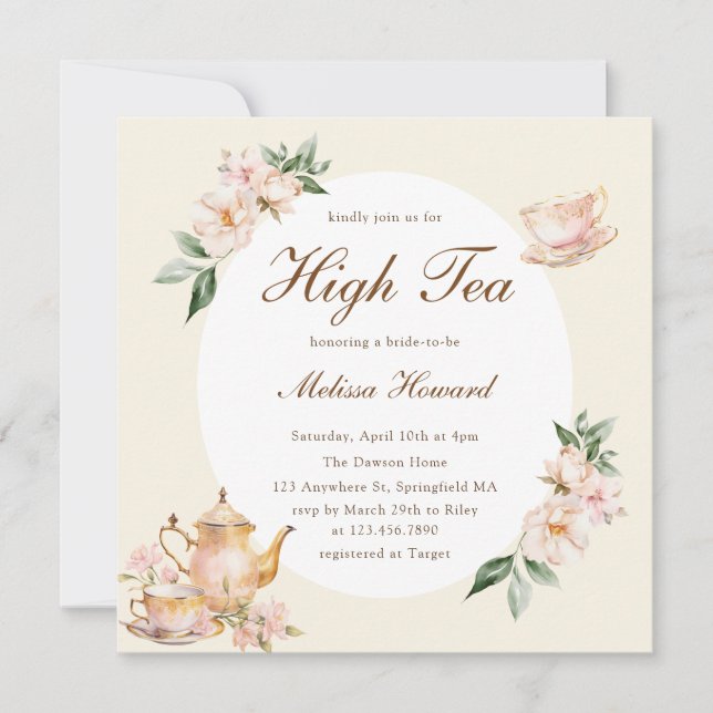 Convites High Tea Pastel Yellow Gold Bridal Shower (Frente)