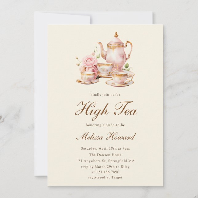 Convites High Tea Pastel Yellow Gold Bridal Shower (Frente)