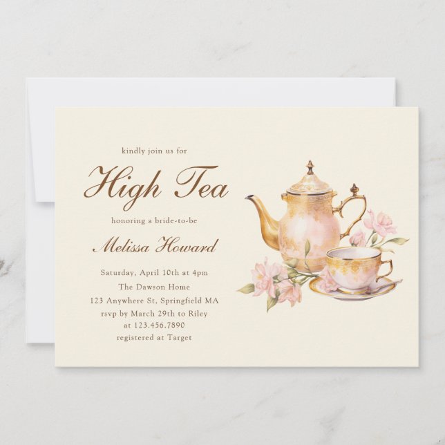 Convites High Tea Pastel Yellow Gold Bridal Shower (Frente)
