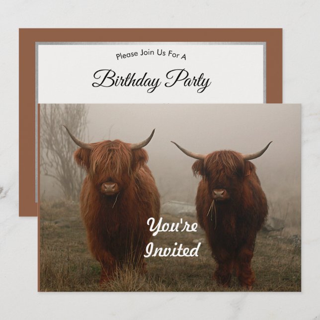 Convites Highland Cattle Fog Photo Birthday (Frente/Verso)