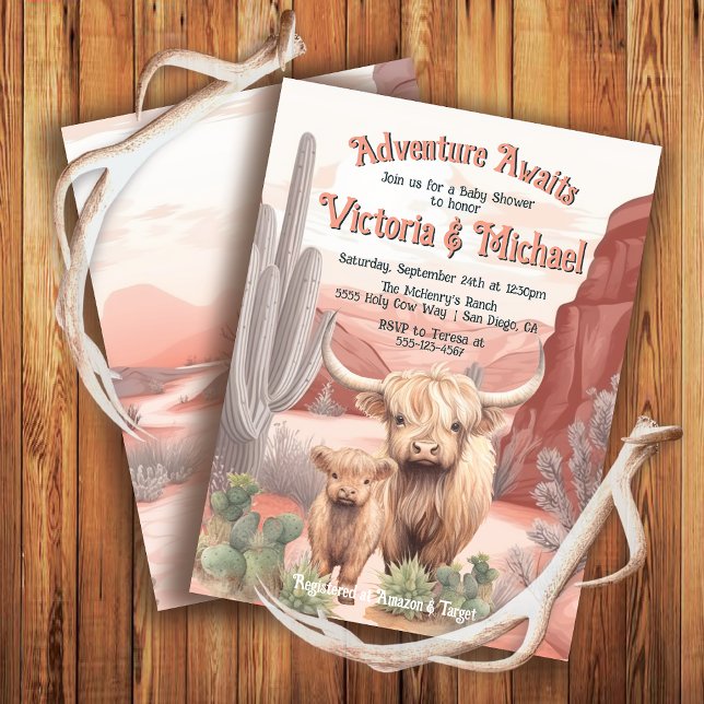 Convites Highland Cow Baby e Mamãe Desert (Criador carregado)