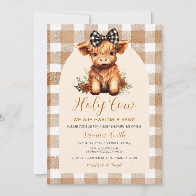 Convites Highland Cow Baby Shower with Bow Gingham Floral (Frente)