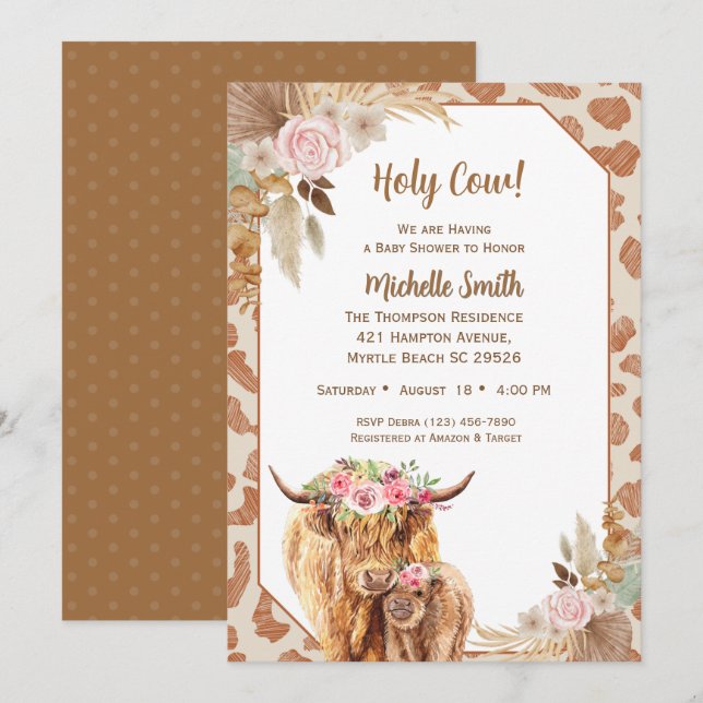 Convites Highland Cow Boho Floral Chá de fraldas (Frente/Verso)