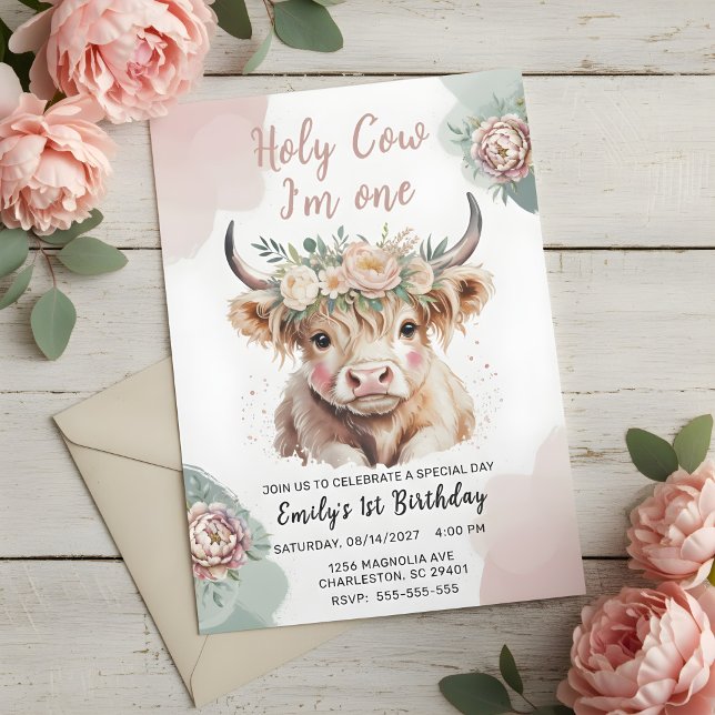 Convites Highland Cow Boho Watercolor First Birthday (Criador carregado)