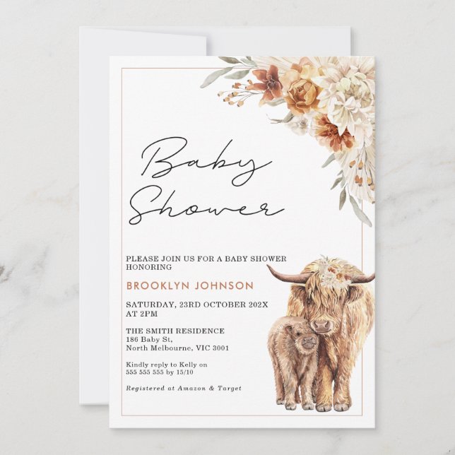 Convites Highland Cow Calf Orange Boho Floral Chá de fralda (Frente)