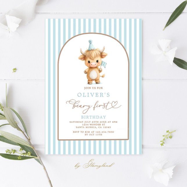 Convites Highland Cow First Birthday Boy Invitation (Criador carregado)