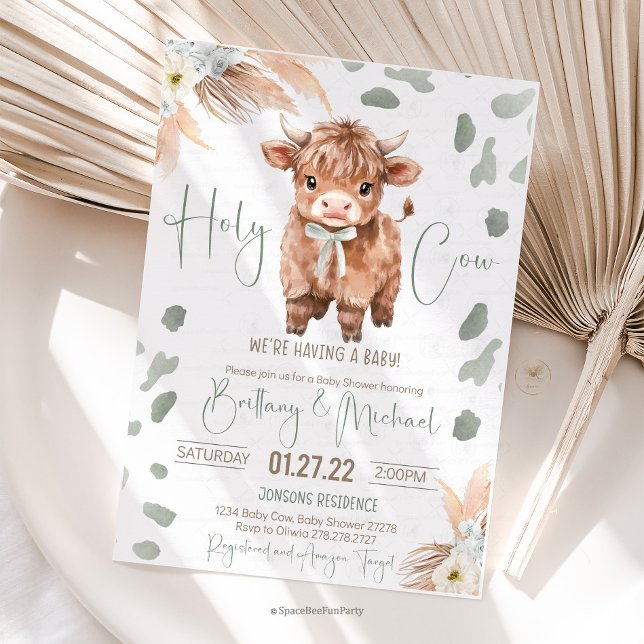 Convites Highland Cow Holy Cow baby shower green Invitation (Highland Cow, Baby Shower, Gender Neutral, Sage Green, Cute Calf)