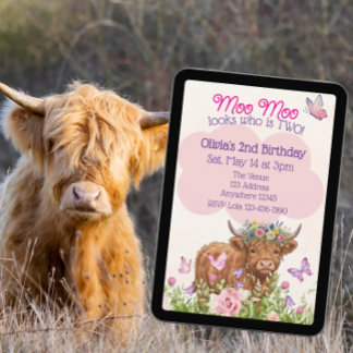 Convites Highland Cow Moo Moo Two 2nd Birthday