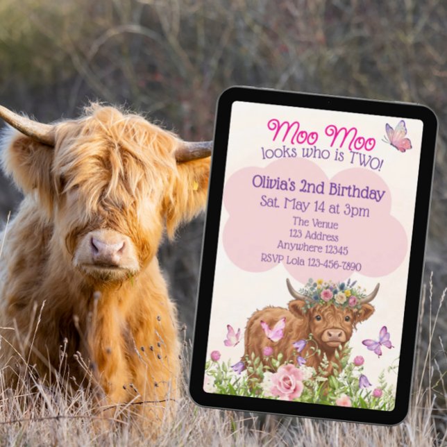 Convites Highland Cow Moo Moo Two 2nd Birthday (Criador carregado)