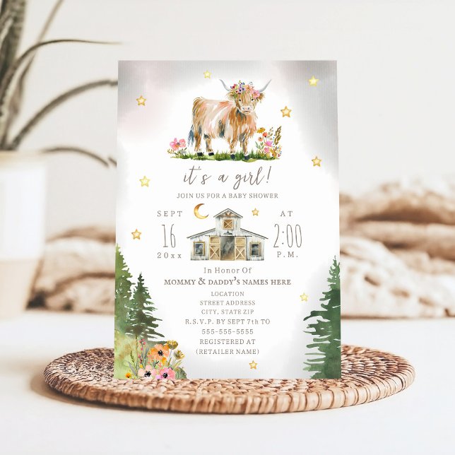 Convites Highland Cow Moon Stars Floral Farm Baby Shower  (Criador carregado)