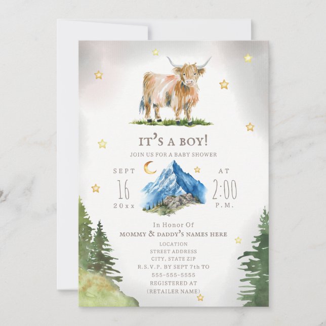 Convites Highland Cow Moon Stars Mountain Baby Shower  (Frente)
