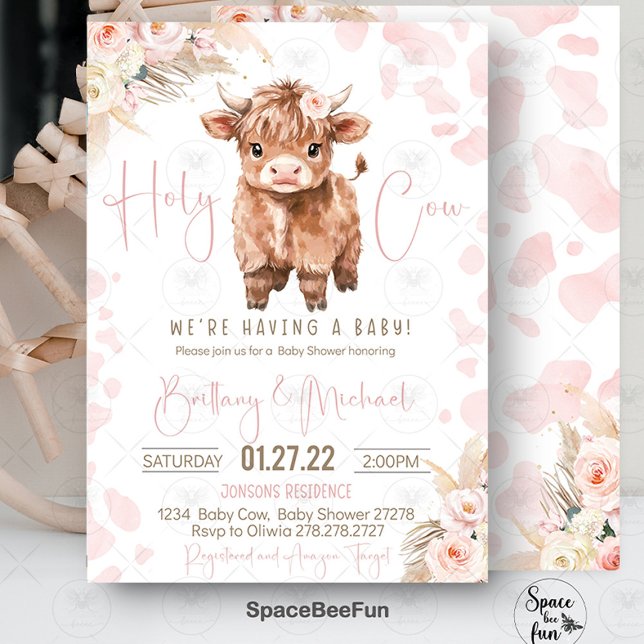 Convites Highland Cow Santa chá de fraldas (highland cow baby shower, holy cow baby shower, baby shower invitation, girl baby shower, farm anima)