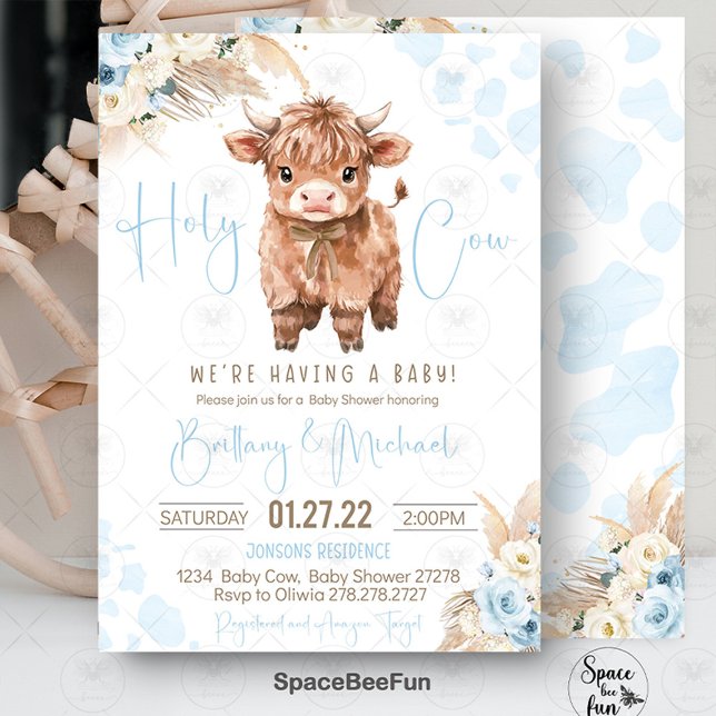 Convites Highland Cow Santo chá de fraldas (highland cow baby shower, holy cow baby shower, baby shower invitation, boy baby shower, farm animal)