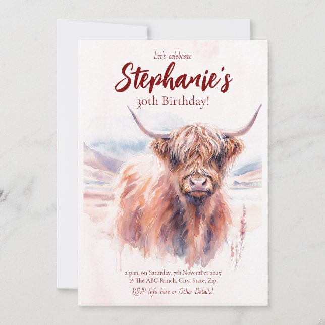 Convites Highland Cow Watercolor Birday (Frente)