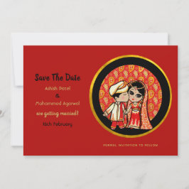 Convites Hindu Casamento Invoca Casal de Cartoon Dourado Ve