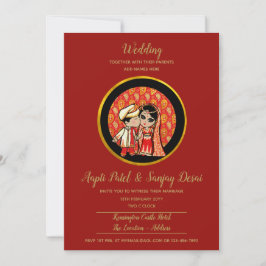 Convites Hindu Casamento Invoca Casal de Cartoon Dourado Ve