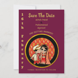Convites Hindu Casamento Invoca Casal de Cartoon Dourado Ve
