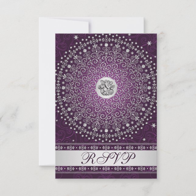 Convites Hindu Ganesh Roxo, Pergaminhos Prateados RSVP de C (Frente)