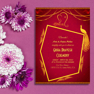 Convites Hindu House Aquecendo Griha Pravesh Ouro Peacock