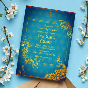 Convites Hindu House Aquecendo Griha Pravesh Ouro Peacock