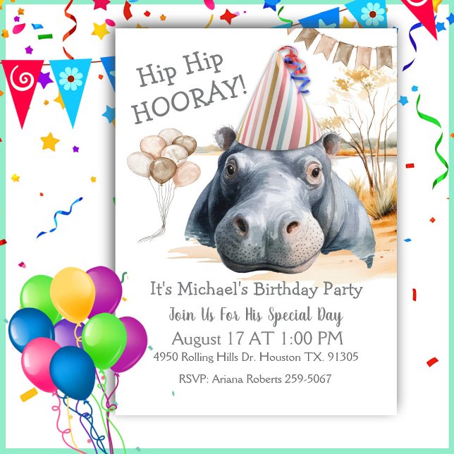 Convites Hip Hip Hooray Hippo Birthday (Criador carregado)
