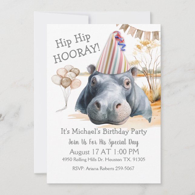 Convites Hip Hip Hooray Hippo Birthday (Frente)