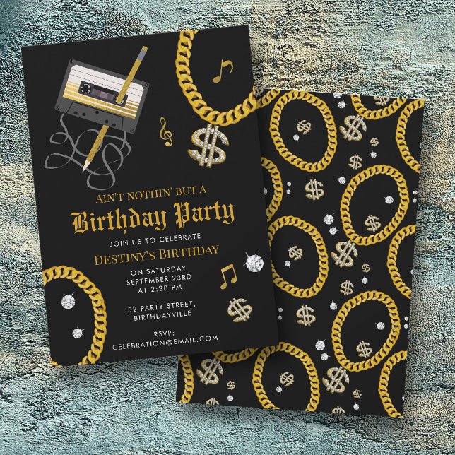 Convites Hip Hop Gold Chain Cassette 80's 90's Birthday (Hip Hop Gold Chain Cassette 80's 90's Birthday Invitation)