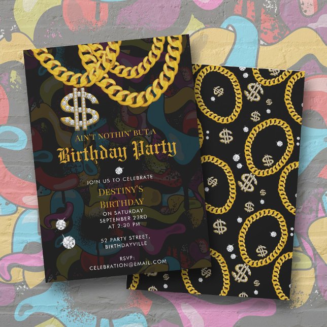 Convites Hip Hop Gold Chain Graffiti 90's Birthday Party (Hip Hop Gold Chain Graffiti 90's Birthday Party Invitation)