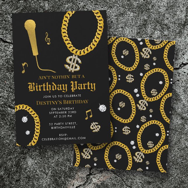 Convites Hip Hop Gold Chain Microphone 80's 90's Birthday (Hip Hop Gold Chain Microphone 80's 90's Birthday Invitation)