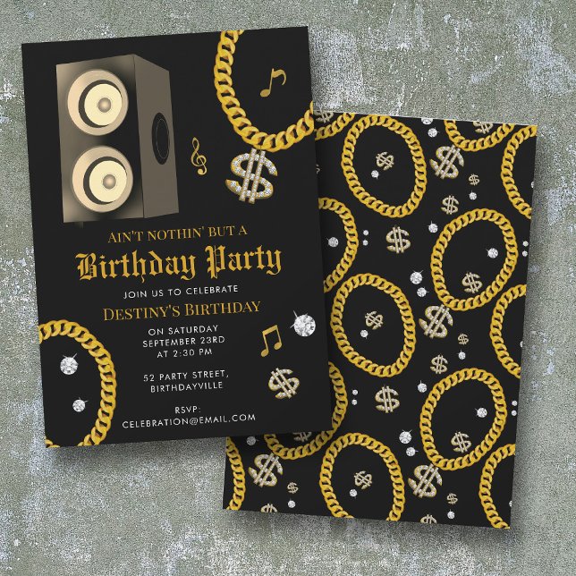 Convites Hip Hop Gold Chain Subwoofer 80's 90's Birthday (Hip Hop Gold Chain Subwoofer 80's 90's Birthday Invitation)