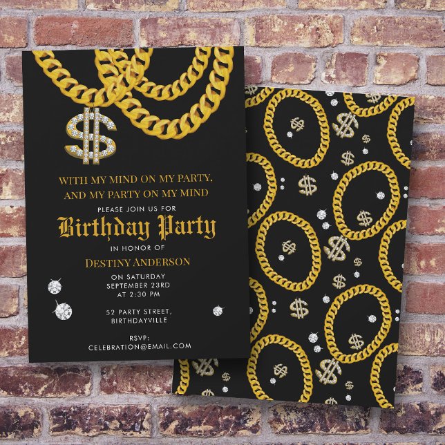 Convites Hip Hop Gold Cuban Link Chain 90's Birthday Party (Hip Hop Gold Cuban Link Chain 90's Birthday Party Invitation)