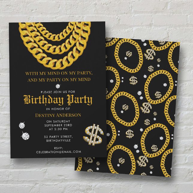 Convites Hip Hop Gold Cuban Link Chain 90's Birthday Party (Hip Hop Gold Cuban Link Chain 90's Birthday Party Invitation)