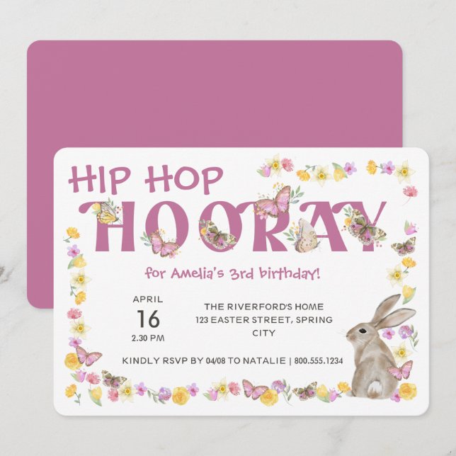Convites Hip Hop Hooray Girl's Birthday Bunny and Butterfly (Frente/Verso)
