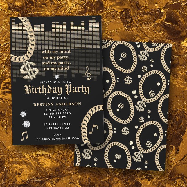 Convites Hip Hop Rap Music Gold Link Chain 90's Birthday (Hip Hop Rap Music Gold Link Chain 90's Birthday Invitation)