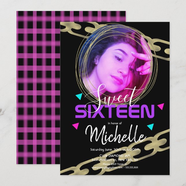 Convites Hip Hop Sweet 16 Dourado Ring Confetti Foto (Frente/Verso)