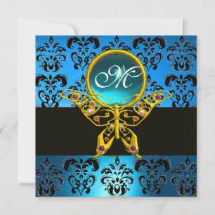 Convites HIPERBORBOLETA MONOGRAMA,damasco azul,aquamarina