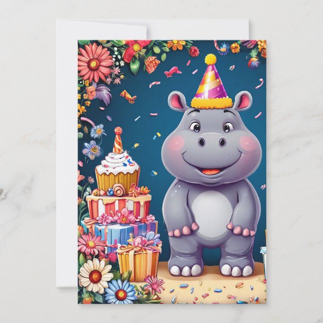Convites Hipopótamo de aniversário com bolo e balões (Frente)